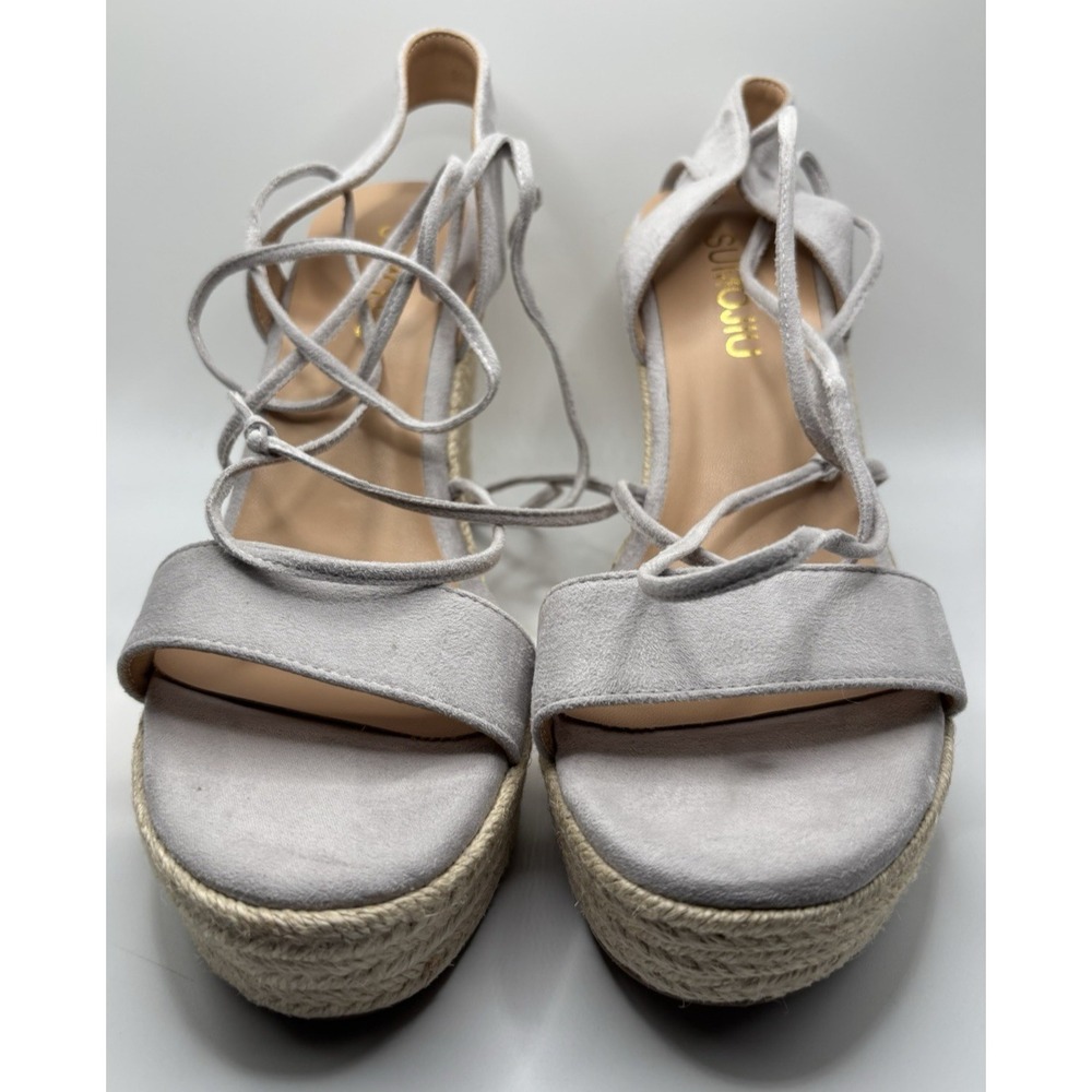 SUMOJIU Gray Lace-Up‎ Espadrille Wedge Sandals Women's Size 8.5